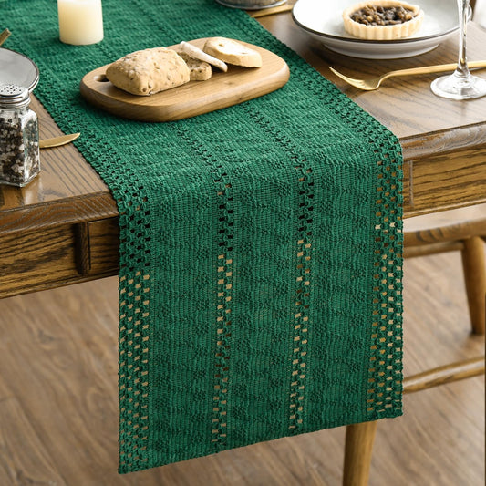 Artoid Mode Dark Green Farmhouse Woven Rustic Hollow Table Runner, Seasonal Holiday Hollow Kitchen Dining Table Decoration for Home Party Decor 12x90 Inch