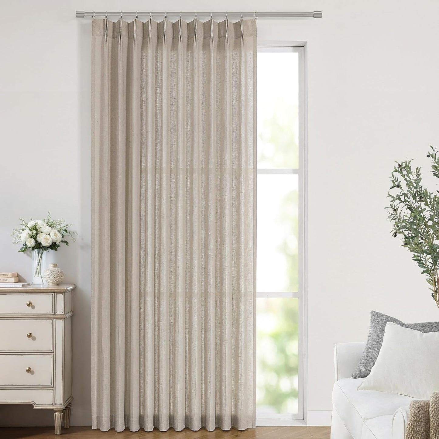 Vision Home Sand Pinch Pleated Semi Sheer Curtains Textured Linen Blended Light Filtering Window Curtains 120 inch for Living Room Bedroom Patio Pinch Pleat Drapes with Hooks 10FT 60" Wx120 Lx1