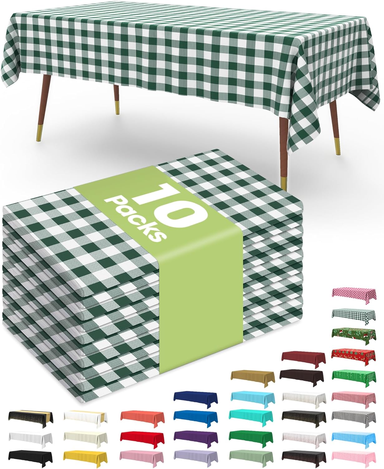 Pureegg Plastic Table Cloth Disposable 10 Pack, 54 x 108 Inch Table Cloths, Party, Picnic, Decorative Gingham Tablecloths, Rectangle, Green and White Checkered Cover, Leakproof & Sturdy, Green Plaid