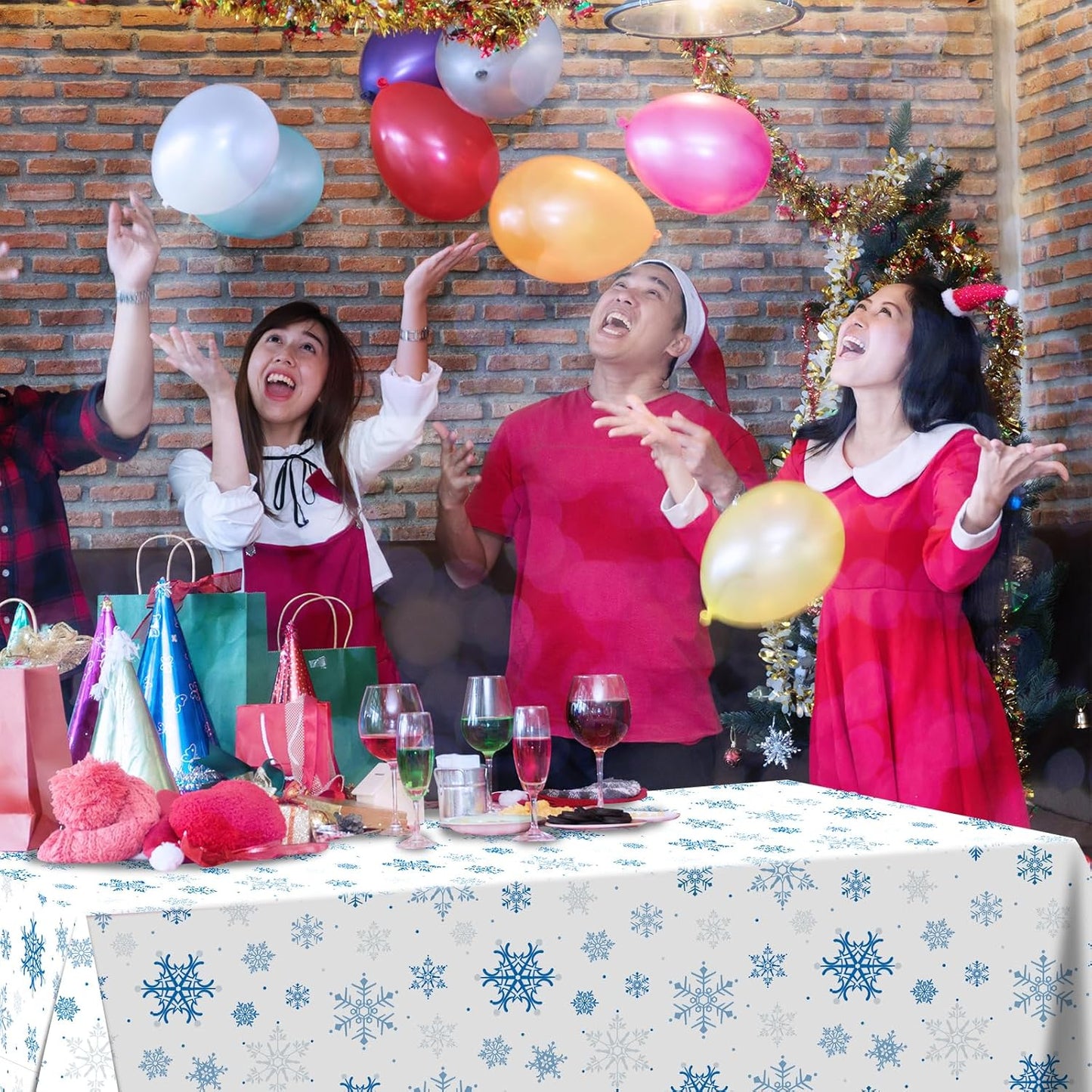 4.5x100 Feet Roll of Christmas Plastic Tablecloth Decorations,Disposable White Snowflake Blue Xmas Table Cover Photography Backdrop with Cutter Box for Winter Christmas Holiday New Year Party Supplies