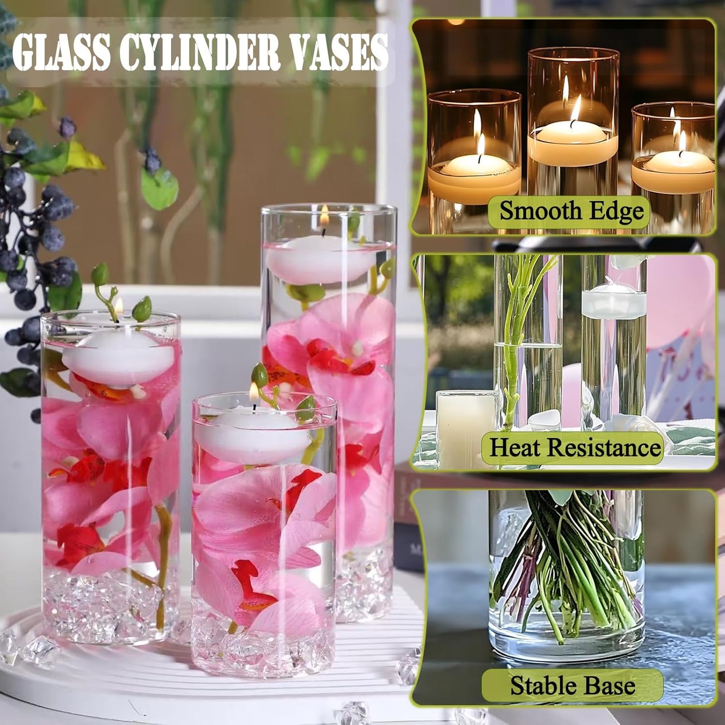 4 PCS Glass Vases for Centerpieces with 5 White Floating Candles 100 Fake Ice Acrylic Rocks Vases Fillers for Party Table Wedding Home Centerpieces Decoration