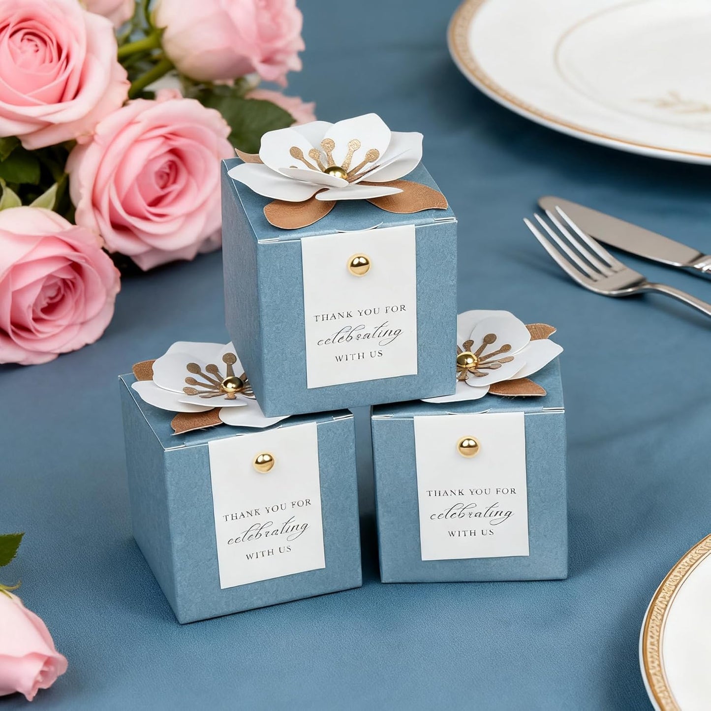 FEIYI 20 PCS Candy Boxes, 3 In 1 Dusty Blue Favor Boxes with Floral Decor, White Thank You Tags Gift wrapping for Wedding Birthday Baby Shower Decorations Party -2.55x2.55x2.55''