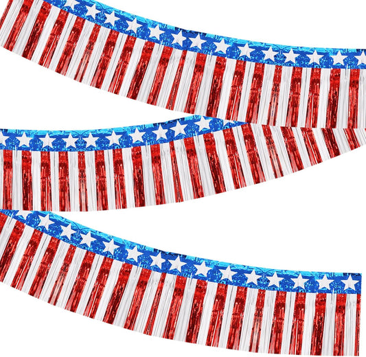 BEISHIDA 3 Packs Metallic Foil Fringe Garland Star Red White Blue Wall Hanging Tinsel Fringe Banners for Car Floats 4th of July Memorial Day Patriotic New Year Party Decoration(30 Feet)