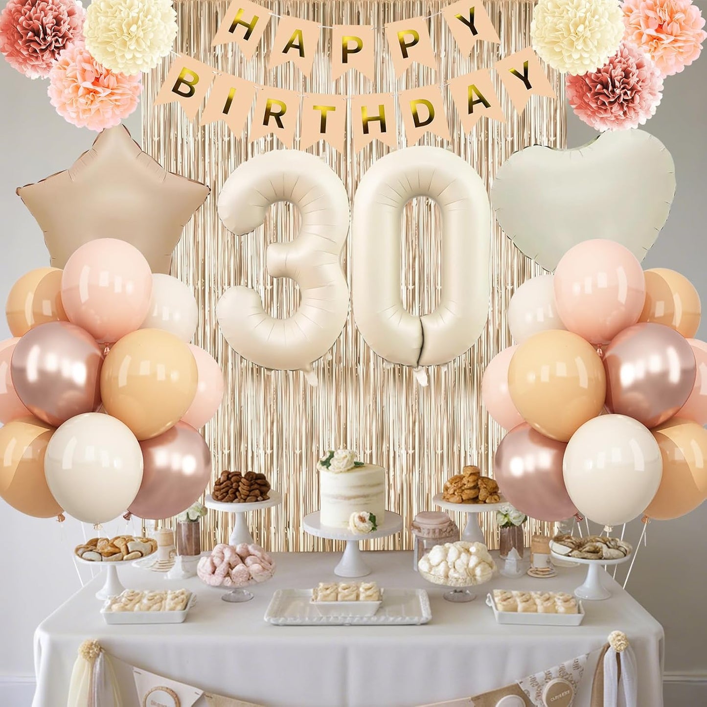 Beige 30th Birthday Decorations for Her Cream Number 30 Balloon Nude Gold Happy Birthday Banner Fringe Curtain Paper Pom Poms Blush White Sand Champagne Star Foil Balloons Neutral Boho Party Decor