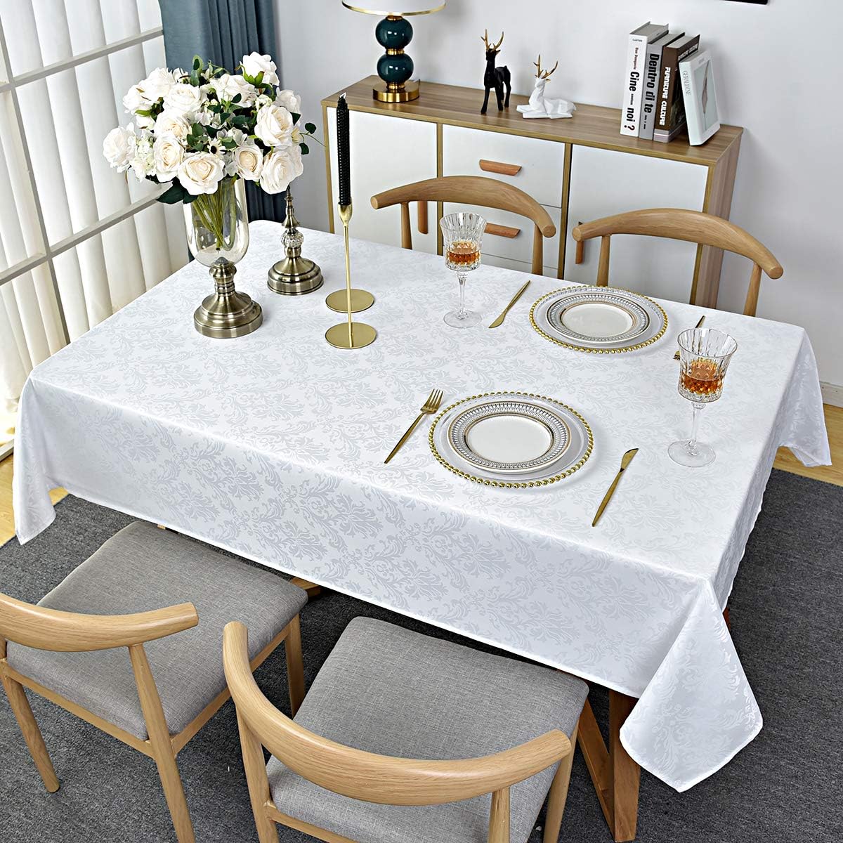 Rectangle Table Cloth - 60 x 102 Inch White Jacquard Tablecloths Damask Design Spillproof Wrinkle Resistant Shrinkproof Soft Tablecloth Polyester Oblong Table Cover for Kitchen Dinning Party Tabletop