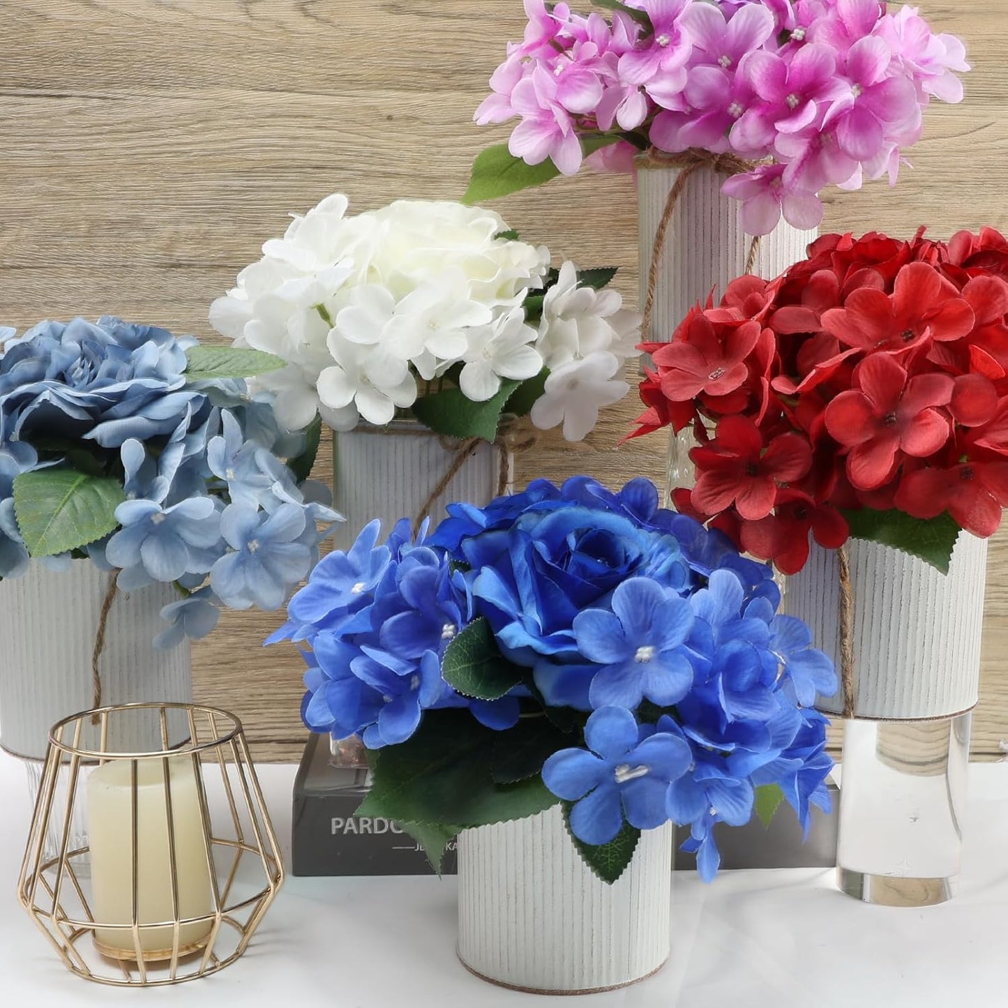 Flower Table Centerpieces - Set of 6 Floral Arrangement Artificial Wedding Hydrangeas Floral Arrangement with Rustic Metal Vase for Bridal Tea Party Event Decorations - Dusty Blue