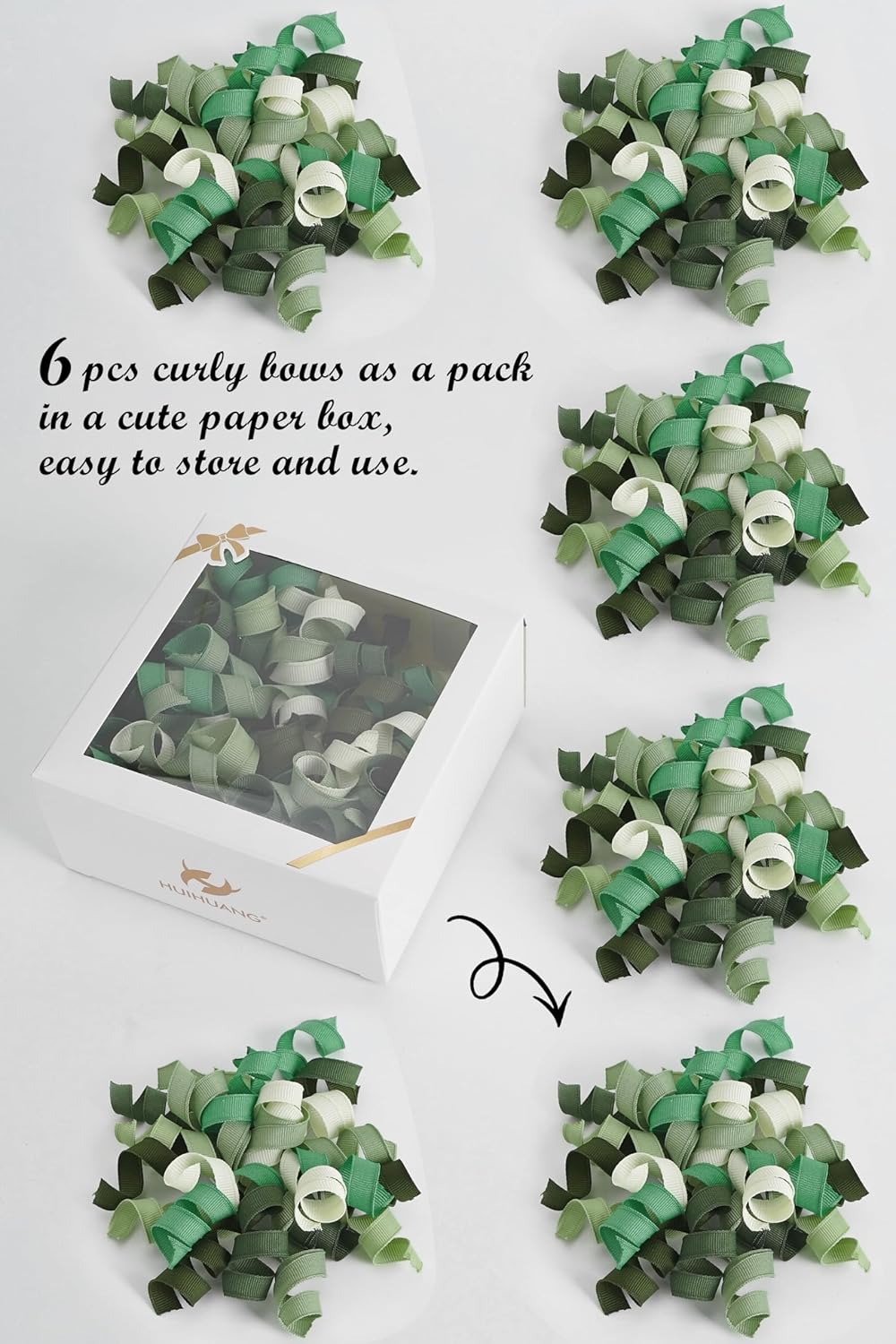 HUIHUANG Green Curly Gift Bows Self Adhesive Sage Green Burst Gift Bow for Gift Wrapping, Birthday, Wedding Baby Shower Party Favors, Wine Bottle, Treat Bags- 6 Counts
