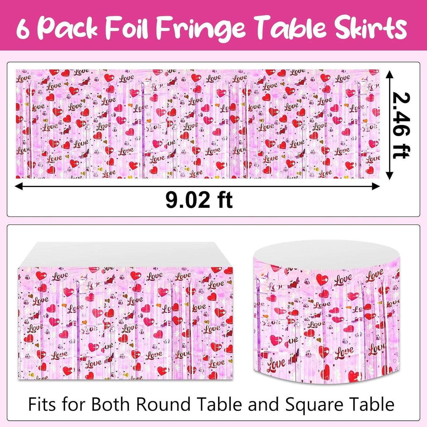 6 Pack 29 x108 Inch Love Pink Wave Foil Fringe Table Skirts Metallic Banner for Tinsel Streamer Garland Backdrop for Parade Floats, Mother's Day, Easter, Wedding, Birthday Party Decoration