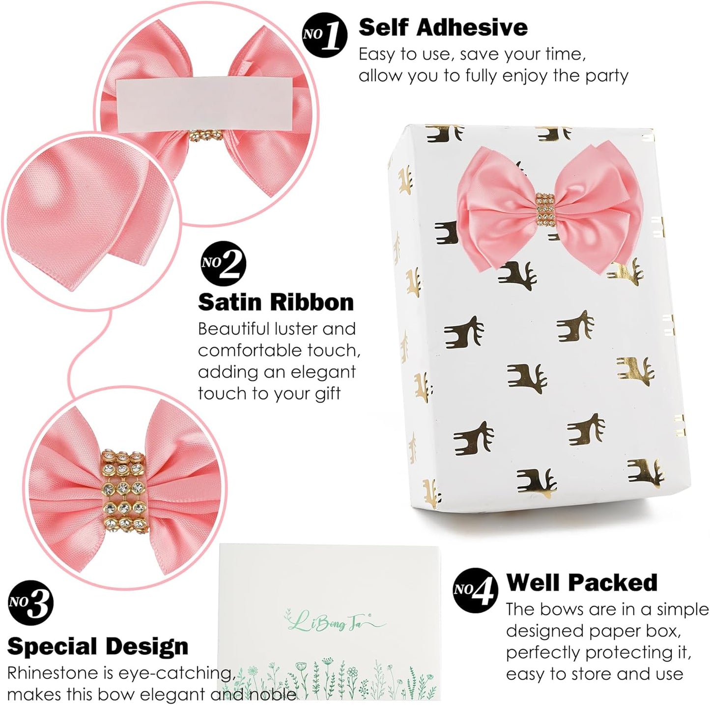 Pink Ribbon Bow 4'' Premade Pink Satin Bow, Gift Bows with Rhinestone, Wrapping Bows for Presents, Greeting Cards, Treat Bags, Wine Bottles, Pink Valentines Bows for Gift Wrapping-12 Counts