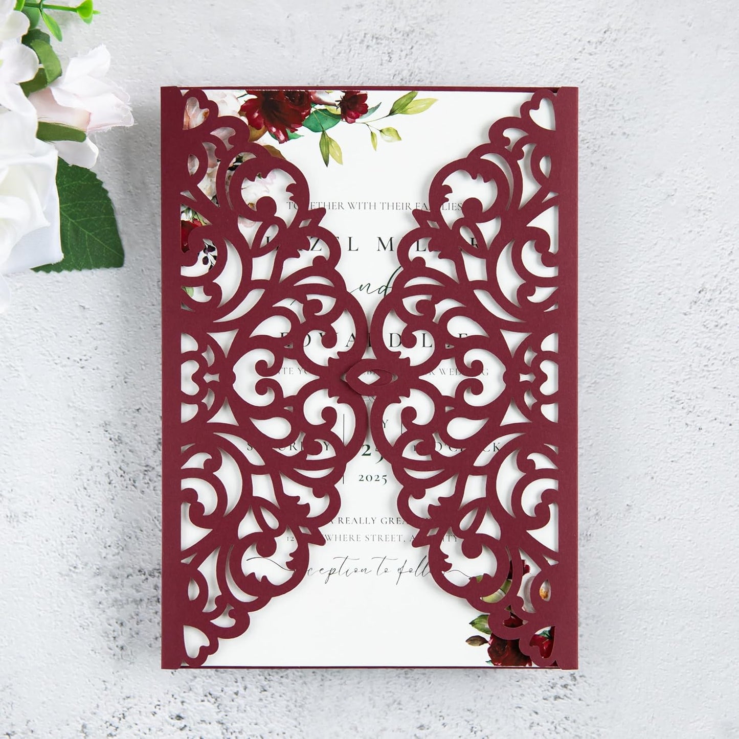 20Pcs Burgundy Laser Cut Invitation Cards With Blank Inner Sheets for Wedding Cards Bridal Shower Engagement Quinceanera Invitation (No Envelopes)