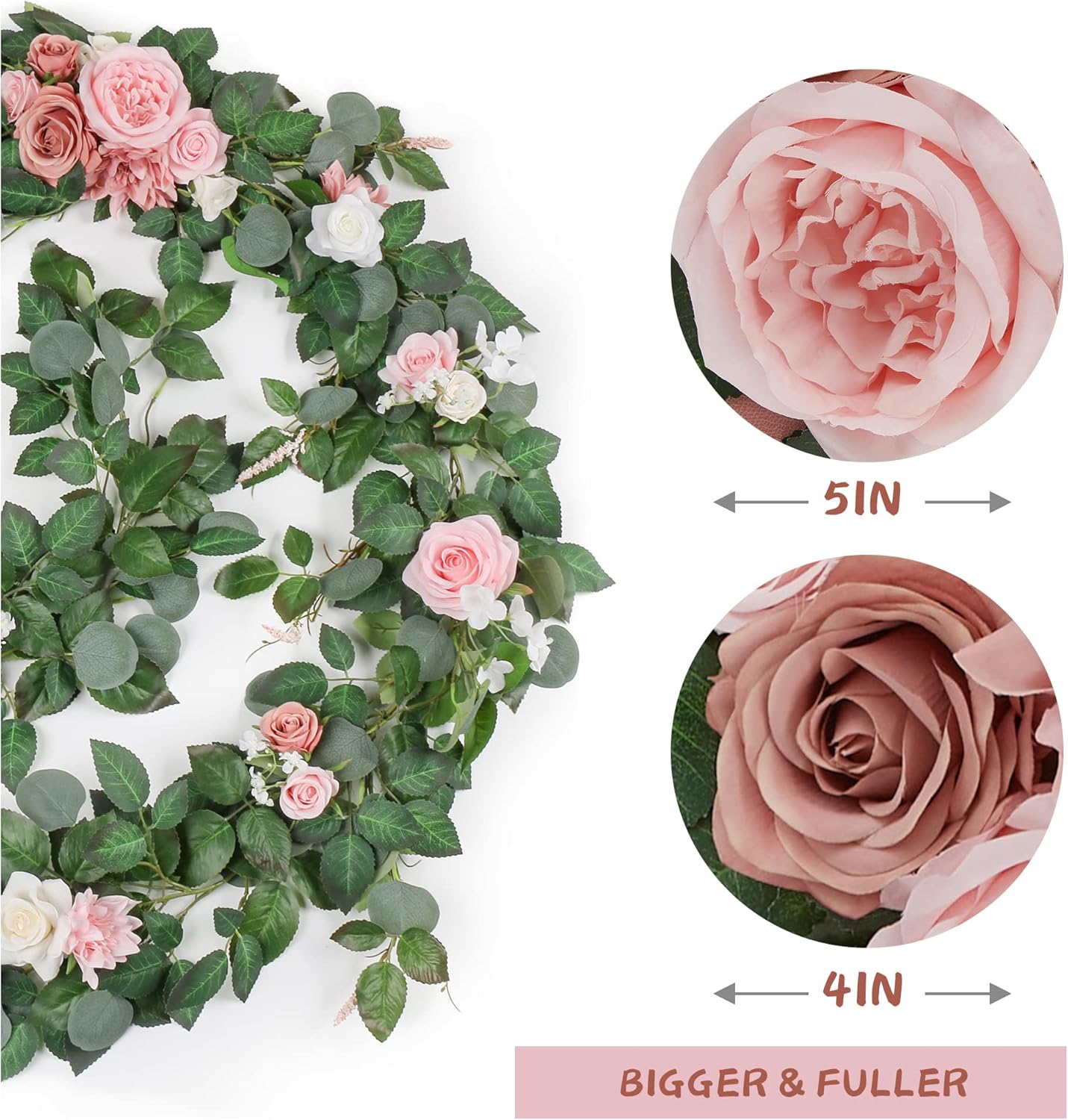 9FT Eucalyptus Garland with Flowers, Artificial Flowers Garland Table Runner Decor Arch Backdrop Head Table Decorations for Wedding Sweetheart Table Centerpieces（Blush Pink）