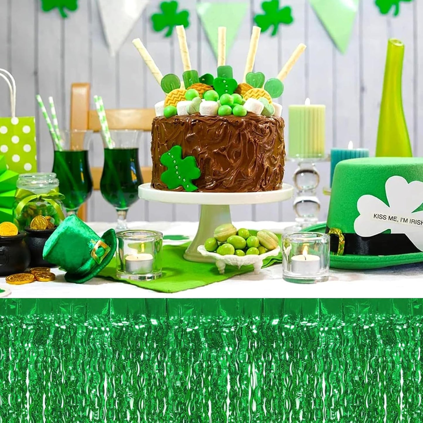 4P Wavy Metallic Tinsel Foil Fringe Table Skirts for Rectangle Tables Backdrop Garland Curtains for Parade Floats Wedding Birthday Parties Decoration Graduation 2025 Christmas (Green)