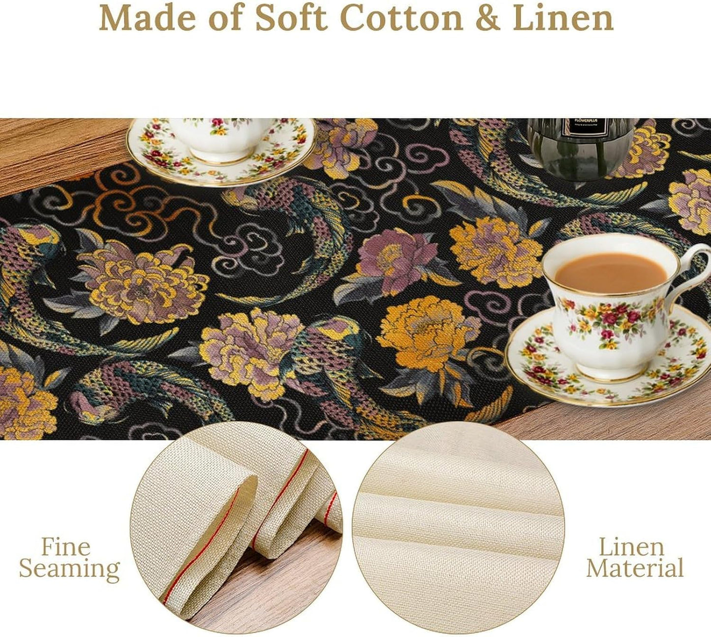 Japanese Table Runner Retro Flowers Oriental Tradition Kio Fish Art Printed Burlap Runner Home Kitchen Dining Table Living Room Decor Fabric 1 Panel W13xL70in