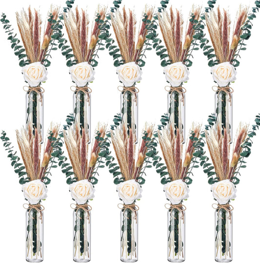 10 Set Dried Pampas Grass Centerpiece for Wedding 10 Clear Glass Jars 10 Artificial Roses 80 Dried Pampas Grass with Rope for Baby Shower Rustic Bridal Party Farmhouse Decoration (White)