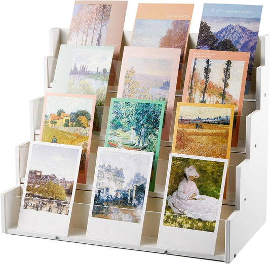 4 Tier Greeting Card Display Stand White Bamboo and Acrylic Sticker Display Stand Trading Card Holder Retail Photos Shelf for Vendors Craft Collection & Show