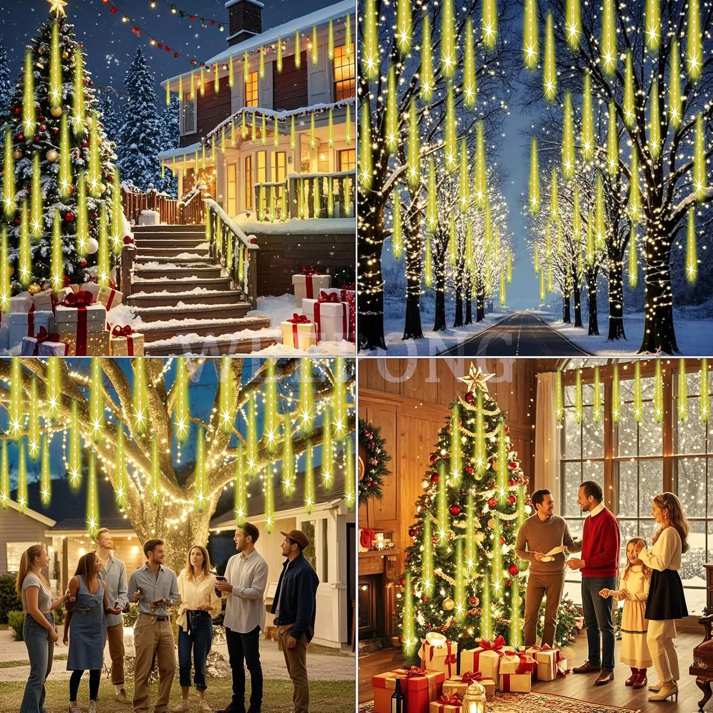 Christmas Lights Outdoor Falling Rain Meteor Shower Lights 12 inch 8 Tube 192 LED Snowfall Icicle Cascading String Light for Xmas Tree Christmas Decorations Holiday Garden, UL Plug,Warm White