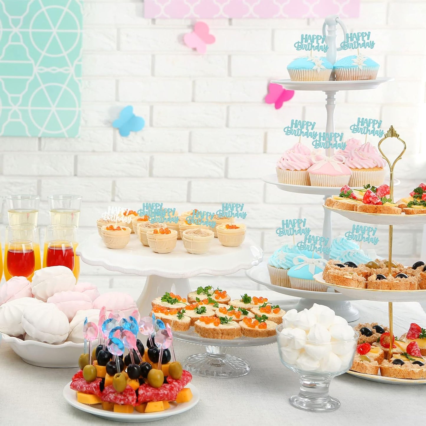 Gyufise 24Pcs Happy Birthday Cupcake Toppers Glitter Birthday Cupcake Food Picks for Celebrating Happy Birthday Party Cake Decorations Supplies Light Blue