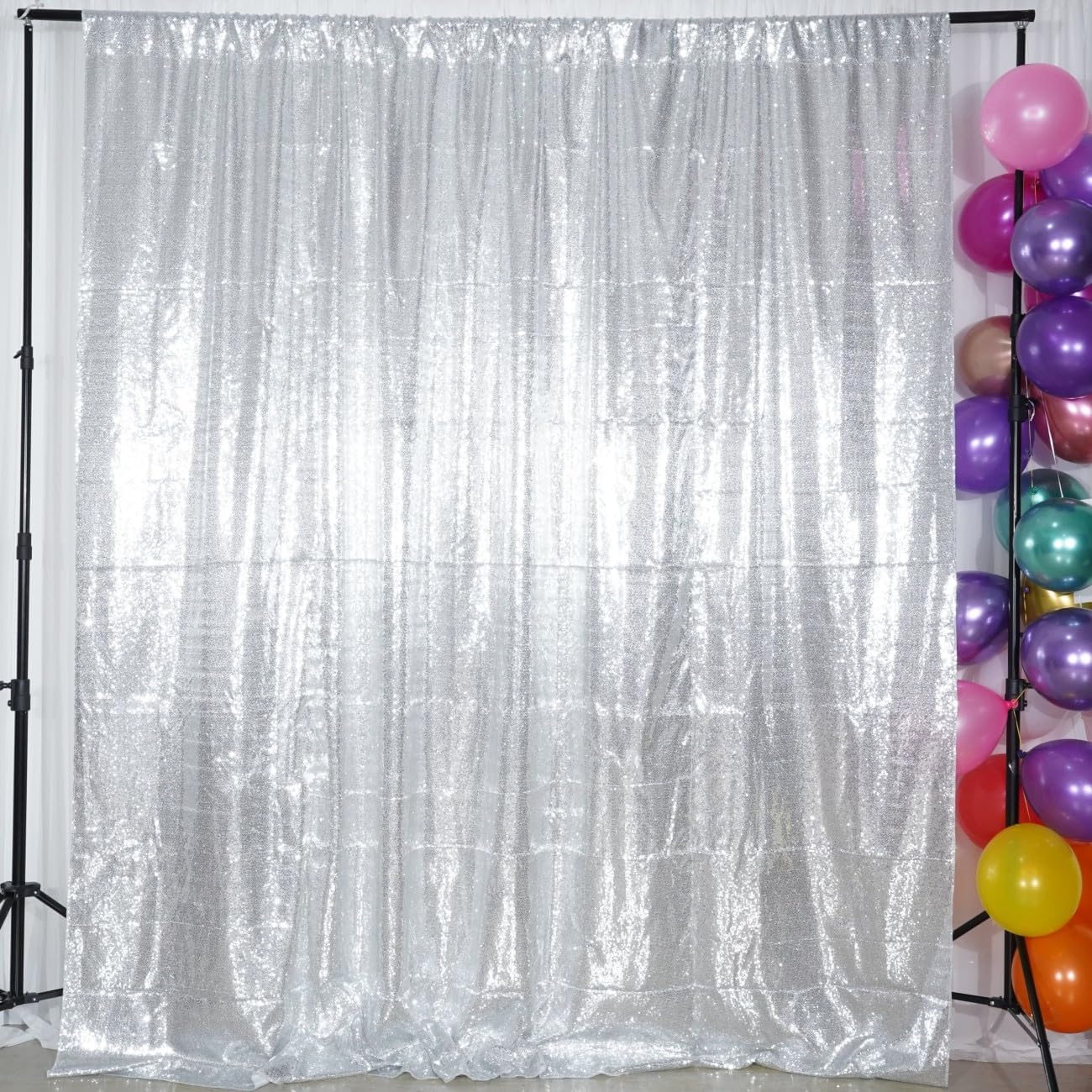Poise3EHome 8Ft x 10Ft Silver Sequin Backdrop, Glitter Thick Satin Sequin Background Drapes, Sequence Xmas Thanksgiving Backdrop for Wedding Party Holiday Festival Decor