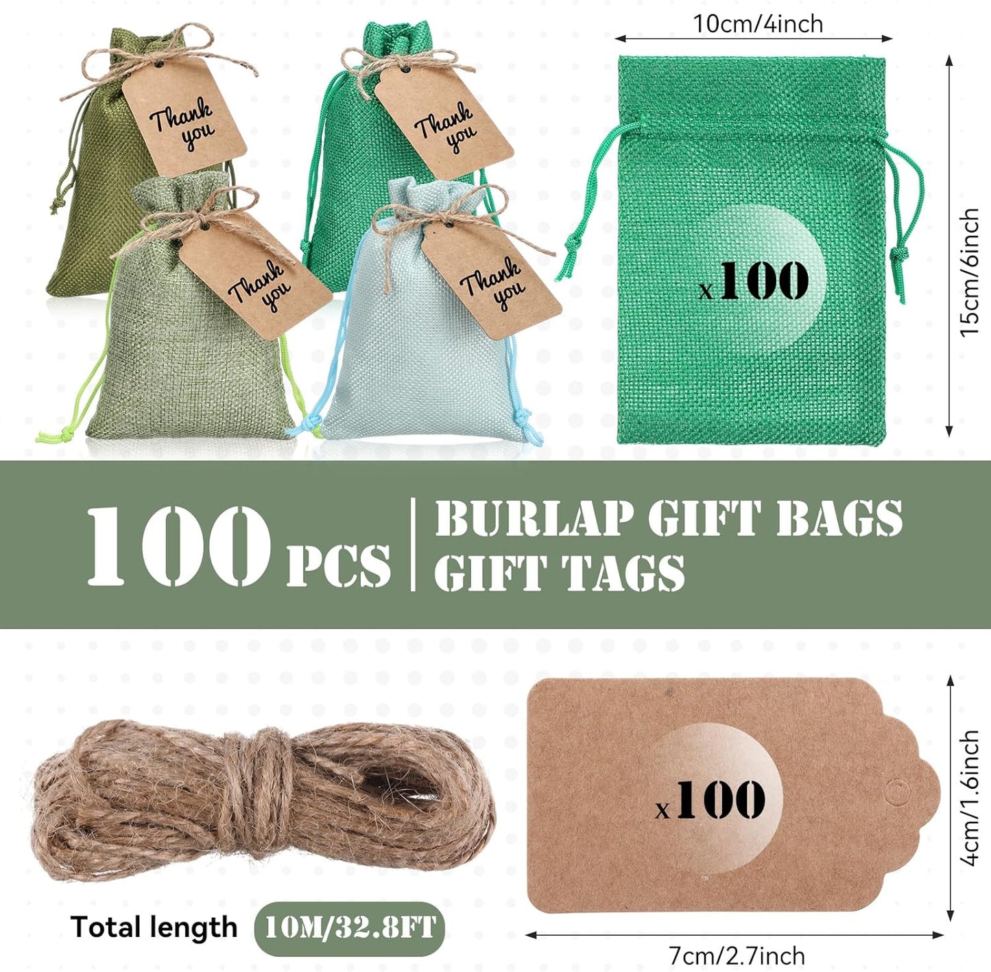 Woanger 100 Pcs Burlap Gift Bags with 100 Pcs Kraft Paper Gift Tags Drawstring Favor Bulk Burlap Sack Bags for DIY Wedding Party Craft(4 x 6 Inch,Mint, Grass, Army, Dark Green)