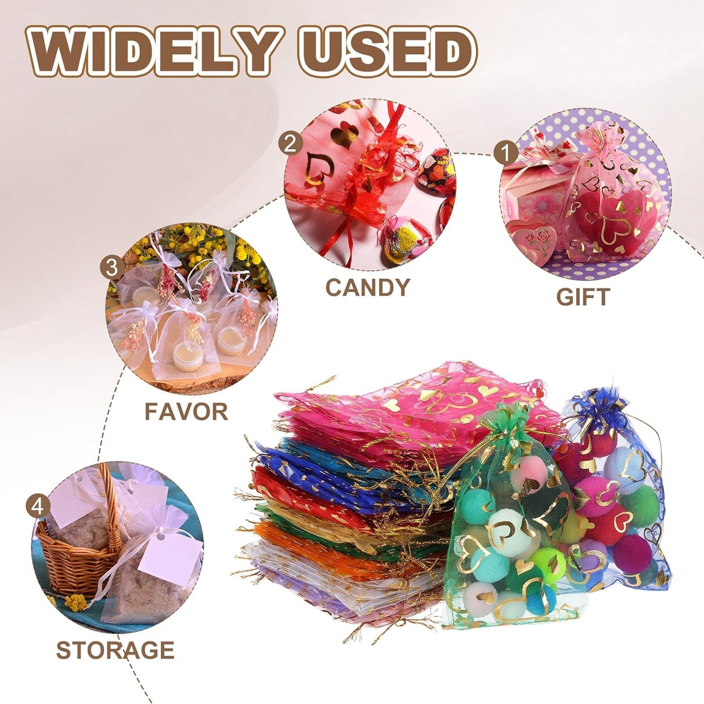 PATIKIL 100 Pcs 4x6 Inch Heart Printed Organza Bags, Gold Sheer Heart Organza Bags with Drawstring for Christmas Candy Jewelry Party Wedding Favor Gift