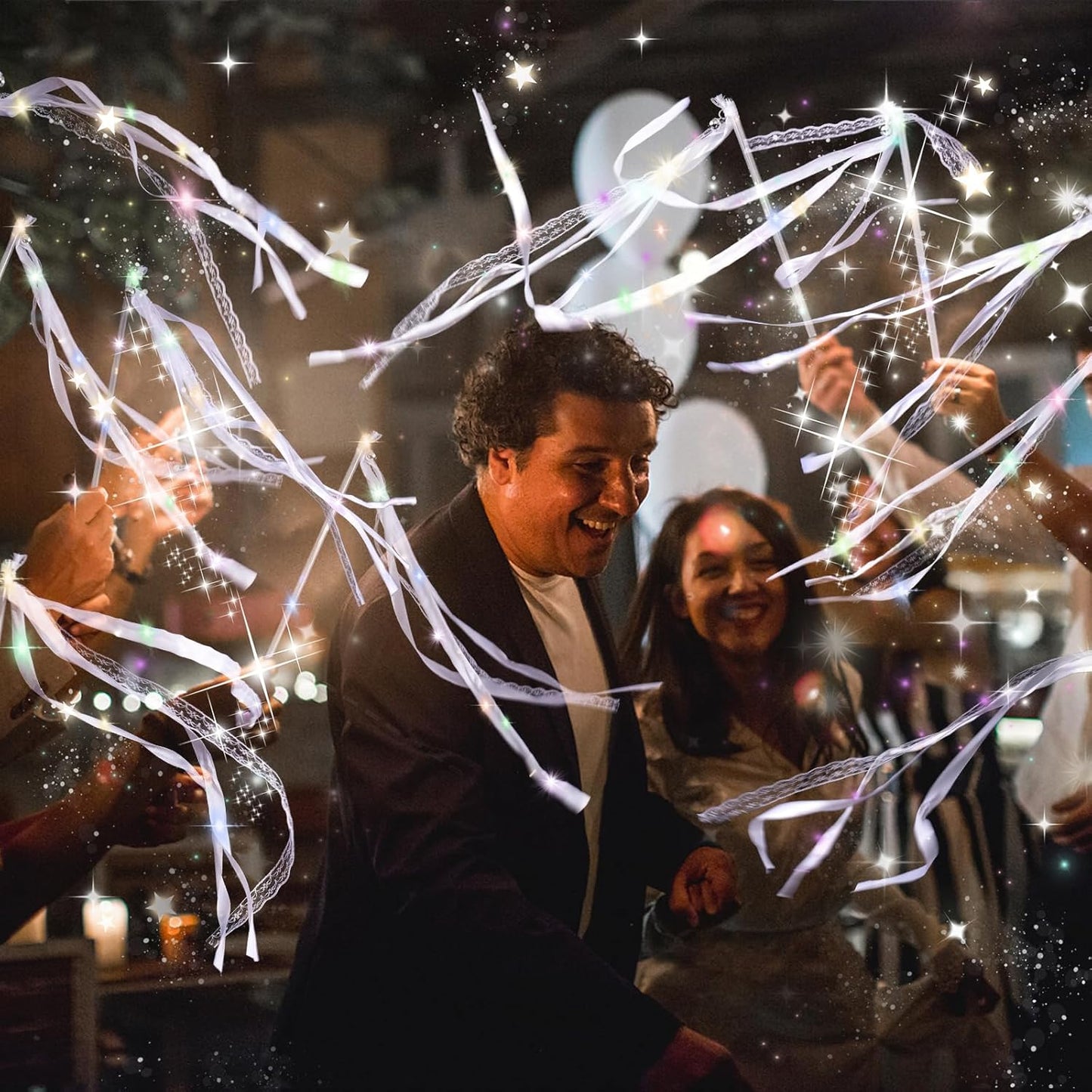 58 Pieces Light up Wedding Wands with Ribbons & Bells –LED Silk Wedd Fairy Wands Streamers with Warm White & Colorful Lights for Wedding Send Off Ideas, Parties, and Celebrations