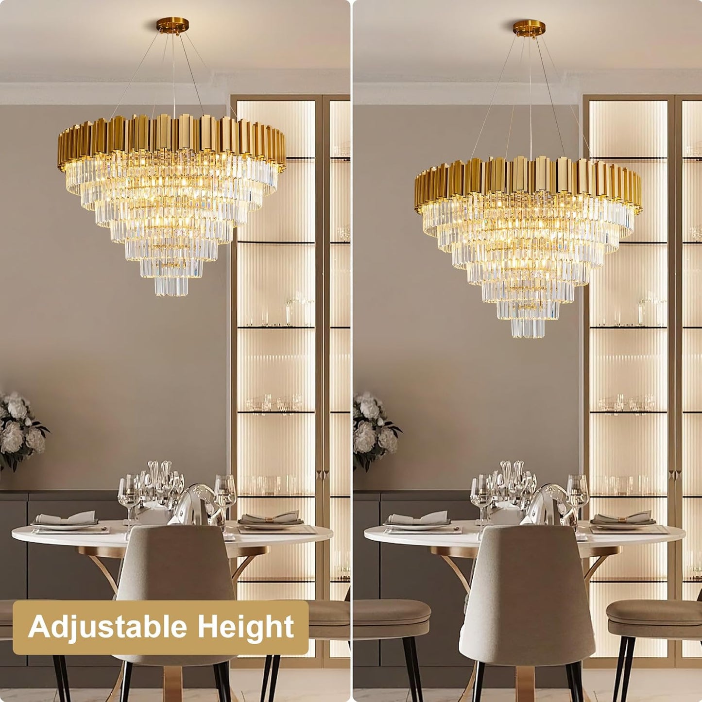 Modern Crystal Chandelier, 39" Gold Chandelier for Dining Room, 21-Light Luxury Round Chandeliers, 7-Tier Contemporary Light Fixture for Living Room, Bedroom, Foyer, Entryway, Kitchen