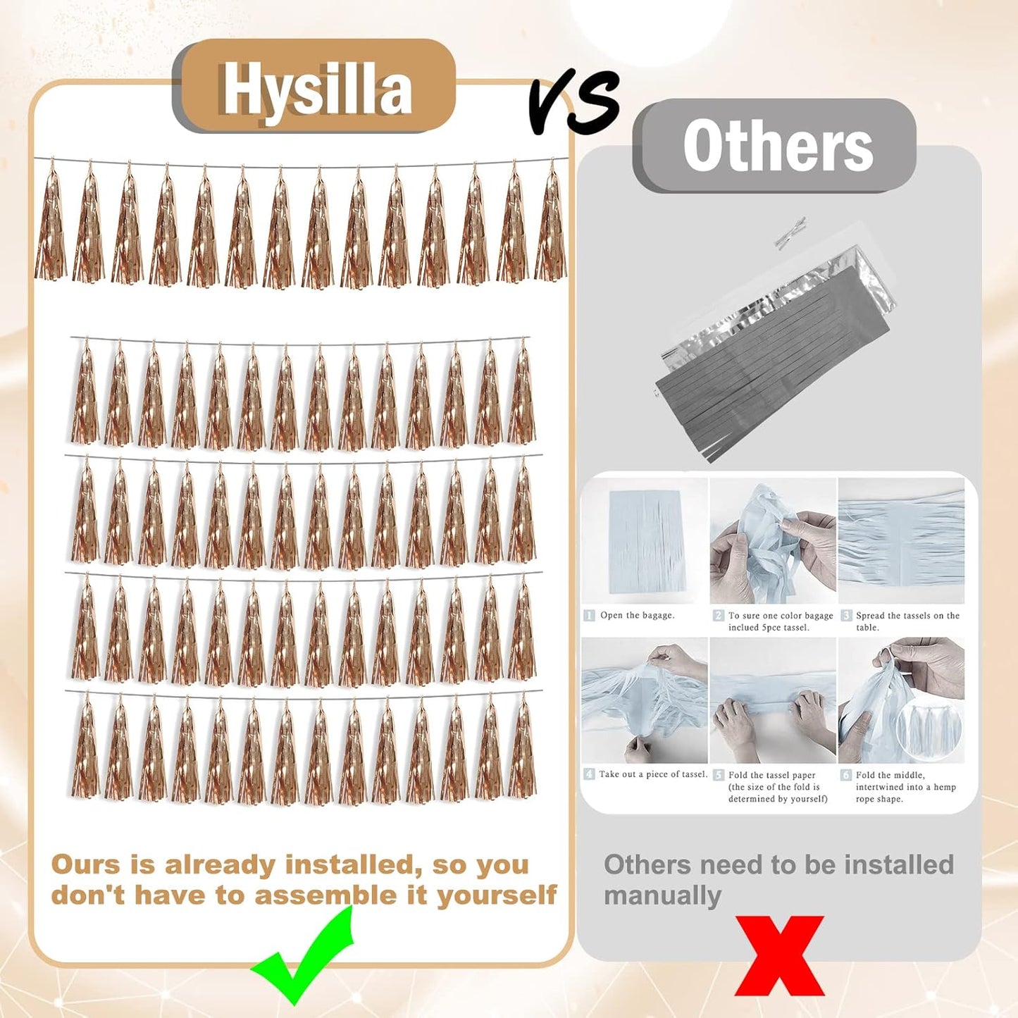 3P Champagne Gold Foil Fringe Metallic Tassel Streamers Banner Tassel Garland for Parade Floats, Bachelorette, Wedding, Birthday, Halloween, Christmas, Bridal/Baby Shower Party Decorations