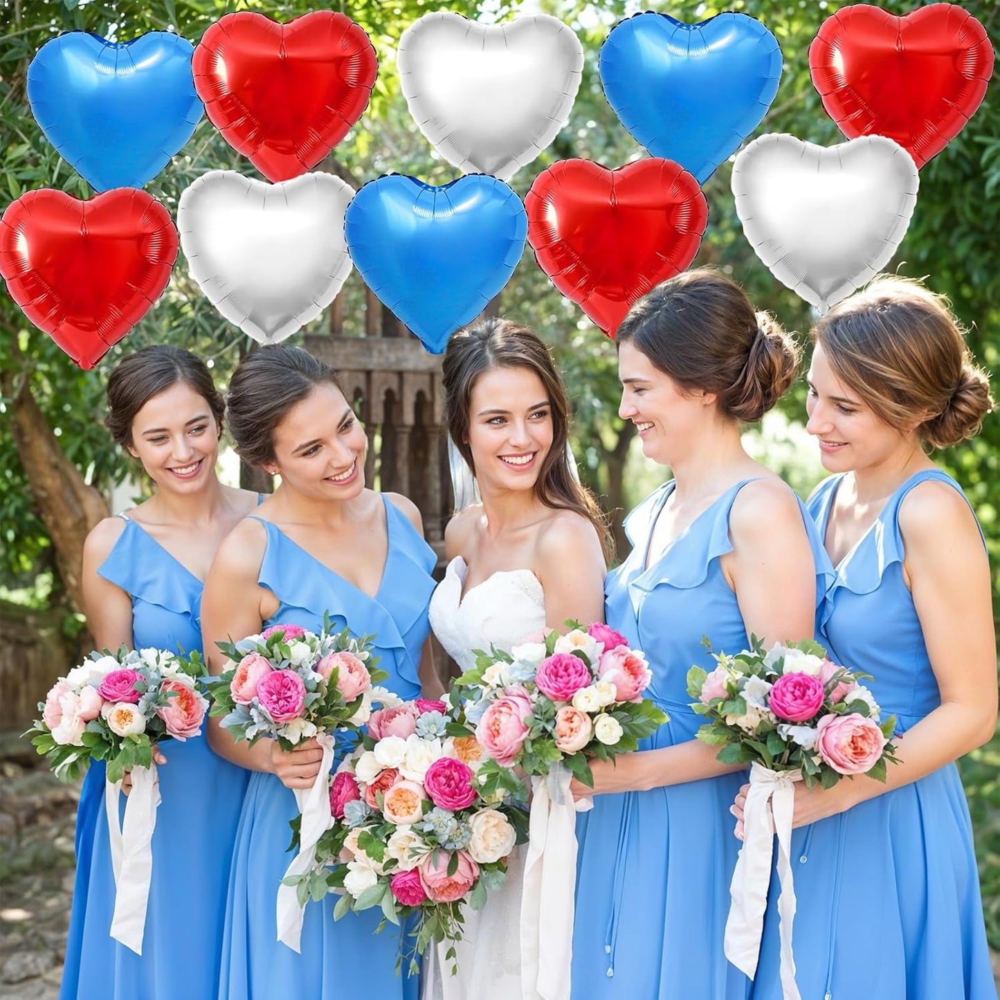 Red Blue Silver Heart Balloons,12Pcs 18Inch Blue Silver Red Heart Shaped Foil Helium Polyester Film Balloons for Birthday Anniversary Wedding Engagement 4th of July Party Decorations