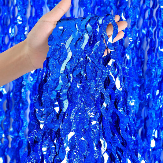 4 Pack Navy Blue Wavy Foil Fringe Curtains Party Decorations - 3.3 ft x 6.6 ft Streamer Tinsel Curtain Party Photo Backdrops for Birthday Party