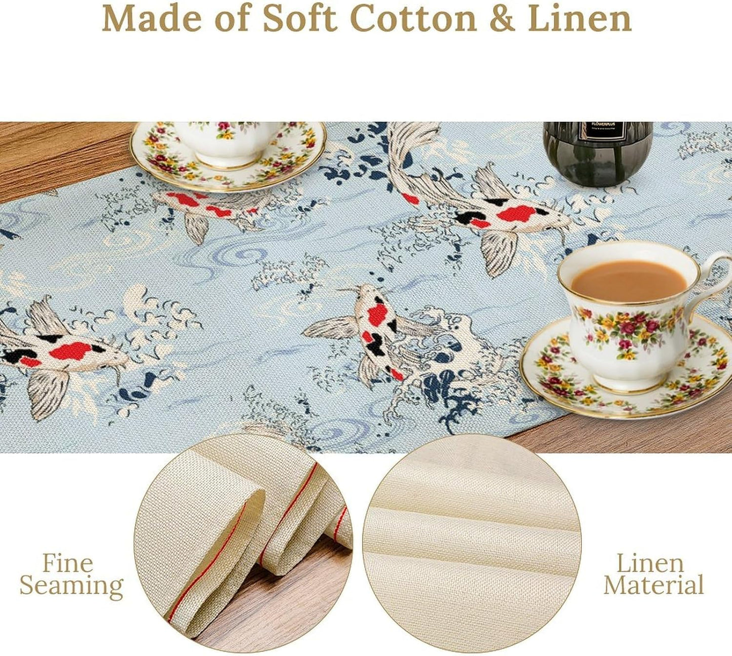 Kio Fish Table Runner Waves Retro Japanese Tradition Art Printed Burlap Runner Home Kitchen Dining Table Living Room Decor Fabric 1 Panel W13xL120in