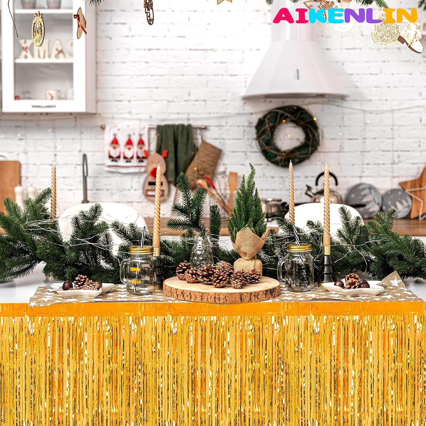 6 Pack 29x108 Inch Metallic Foil Fringe Tinsel Table Skirts Banner for Rectangle Tables Streamer Garland Curtains Backdrop for Wedding, Birthday, Parade Floats, Christmas Party Decoration(New Gold)