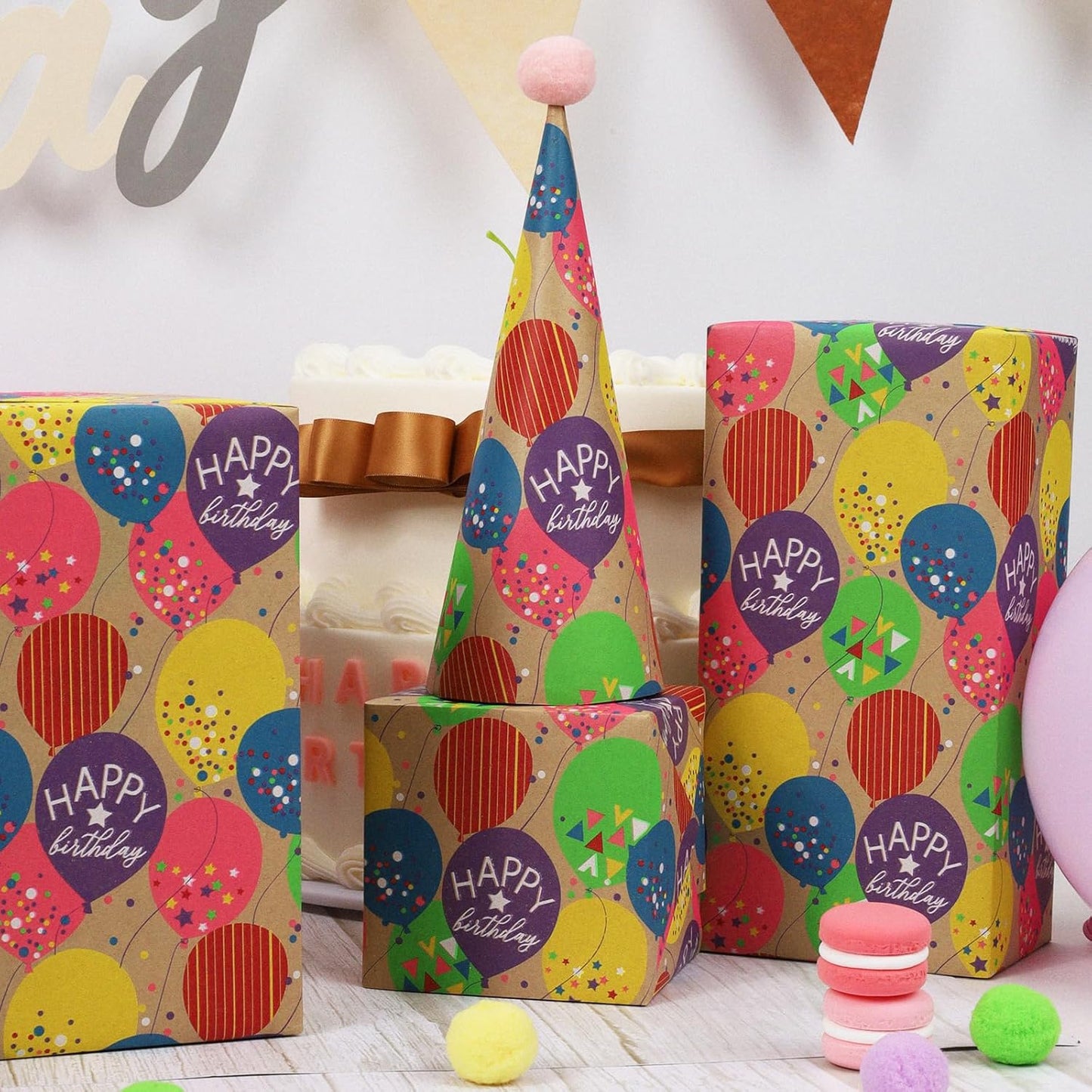 LaRibbons Birthday Wrapping Paper Roll for Kids, 30 Inch x 33 Feet (83 sq. ft. ttl.) Kraft Gift Wrap Paper with Colorful Balloon Pattern for Baby Shower Holiday Party