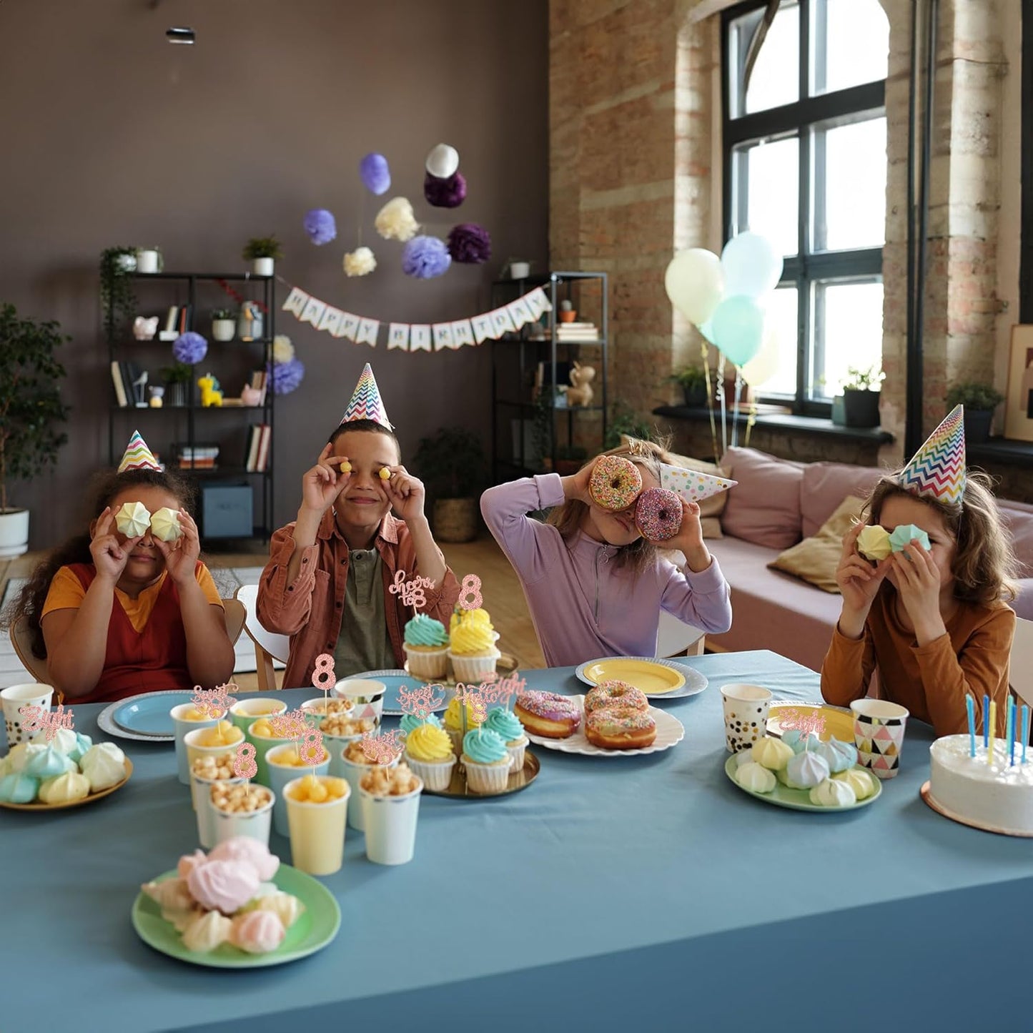 30Pcs 8th Birthday Cupcake Toppers Glitter Eight Hello 8 Cupcake Picks Cheers to 8 Years Old Cake Decorations for 8th Birthday Party Supplies Rose Gold