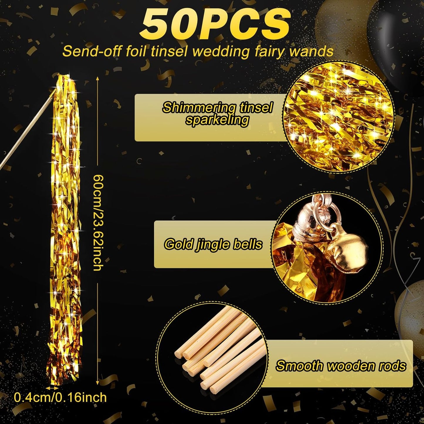 50 Pcs Wedding Fairy Wands with Bells Foil Tinsel Ribbon Stick Wands Tinsel Party Streamers with Bell Glittery Bridal Wedding Send Off Ideas Holiday Celebration (Gold)