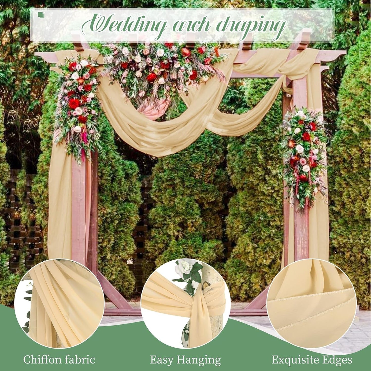 4 Panels Wedding Arch Draping Fabric, 28" x20ft Champagne Drapes, Sheer Chiffon Curtain Arbor Drapery Ceiling Drapes Backdrop for Ceremony Party Decor