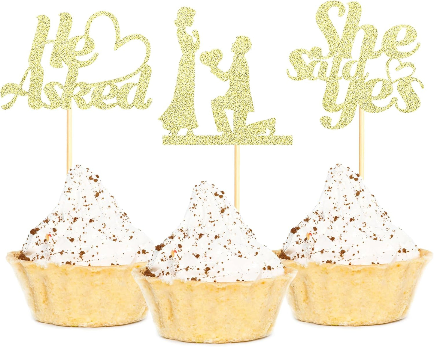 Sotpot 24PCS He Asked She Said Yes Cupcake Toppers With Heart Gold Glitter for Wedding Bridal Shower Wedding Engagement Party Cake Decorations