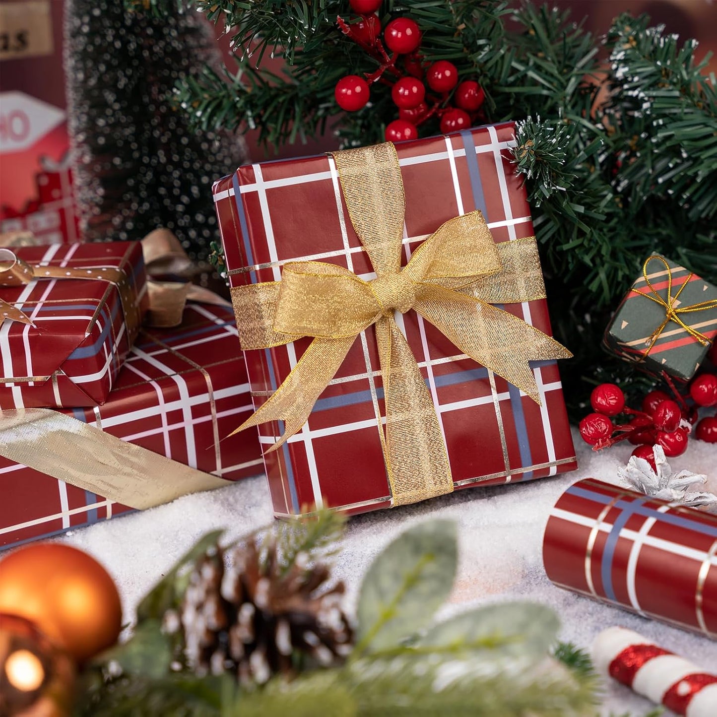 LeZakaa Christmas Red Wrapping Paper Roll, Buffalo Plaid Red for Christmas Winter Holiday Family Gathering, Grid Backing, 17 inches x 32.8 Feet, Mini Roll