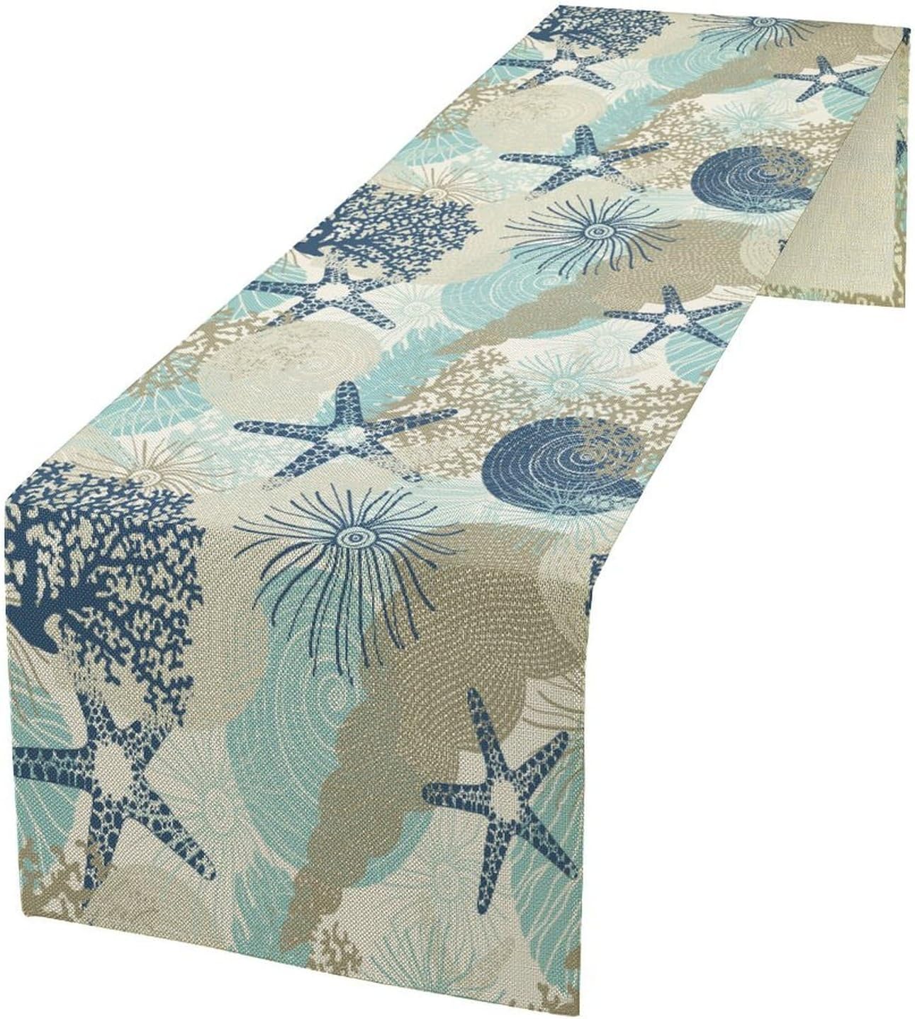 Nautical Coastal Table Runner，Ocean Themed Starfish Coral Conch Beach Kitchen Dinning Table Decoration for Indoor Outdoor Home Party Decor 13x120 Inch