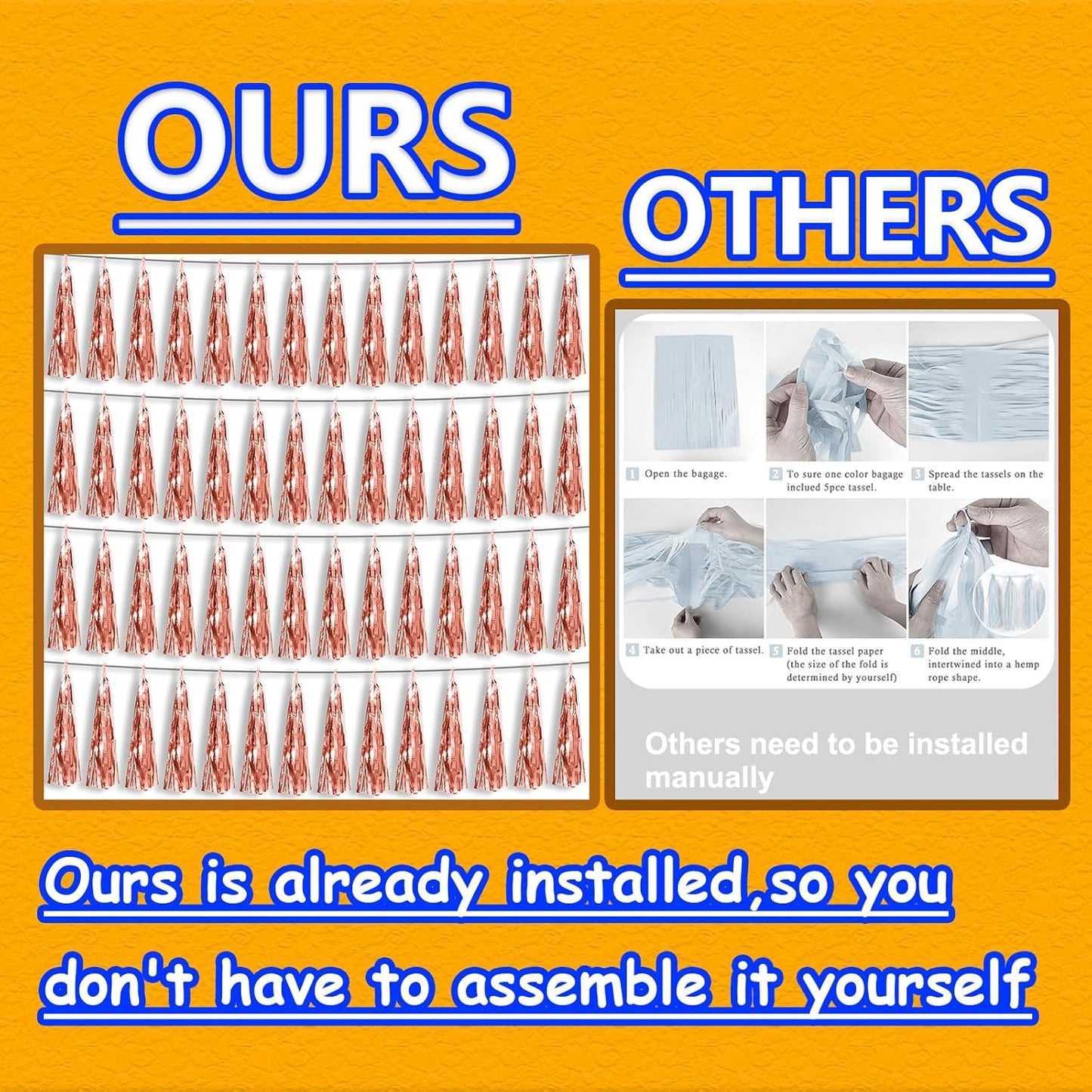 4P Rose Gold Foil Fringe Tassel Banner Garland Metallic Tinsel Streamers Wall Hanging Curtain Backdrop Banner for Parade Floats, 2024 Graduation Decorations, Wedding Party Decoration