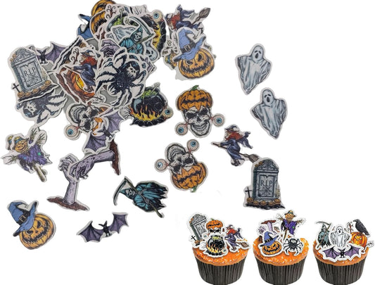 48pcs Edible Halloween Themed Pumpkin for Cake Decorating Spider Cupcake Toppers Bat Wedding Themed Party Birthday Cake Decoration(Tasteless)