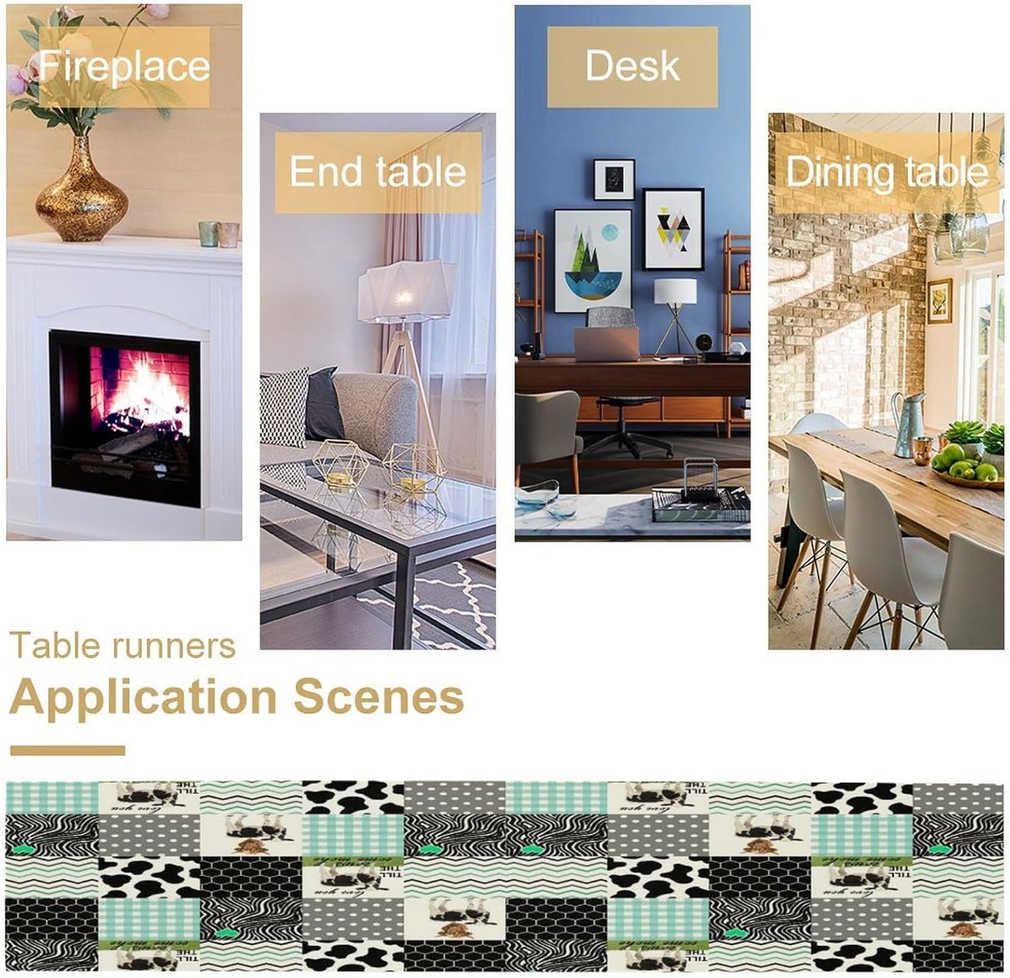 Cute Cow Print Table Runner,Farm Animals Honeycomb Plaid Stripes Cowhide Pattern Tablecloth Burlap for Hotel Indoors Outdoor Dining Room Kitchen Table Decor, 13x70in