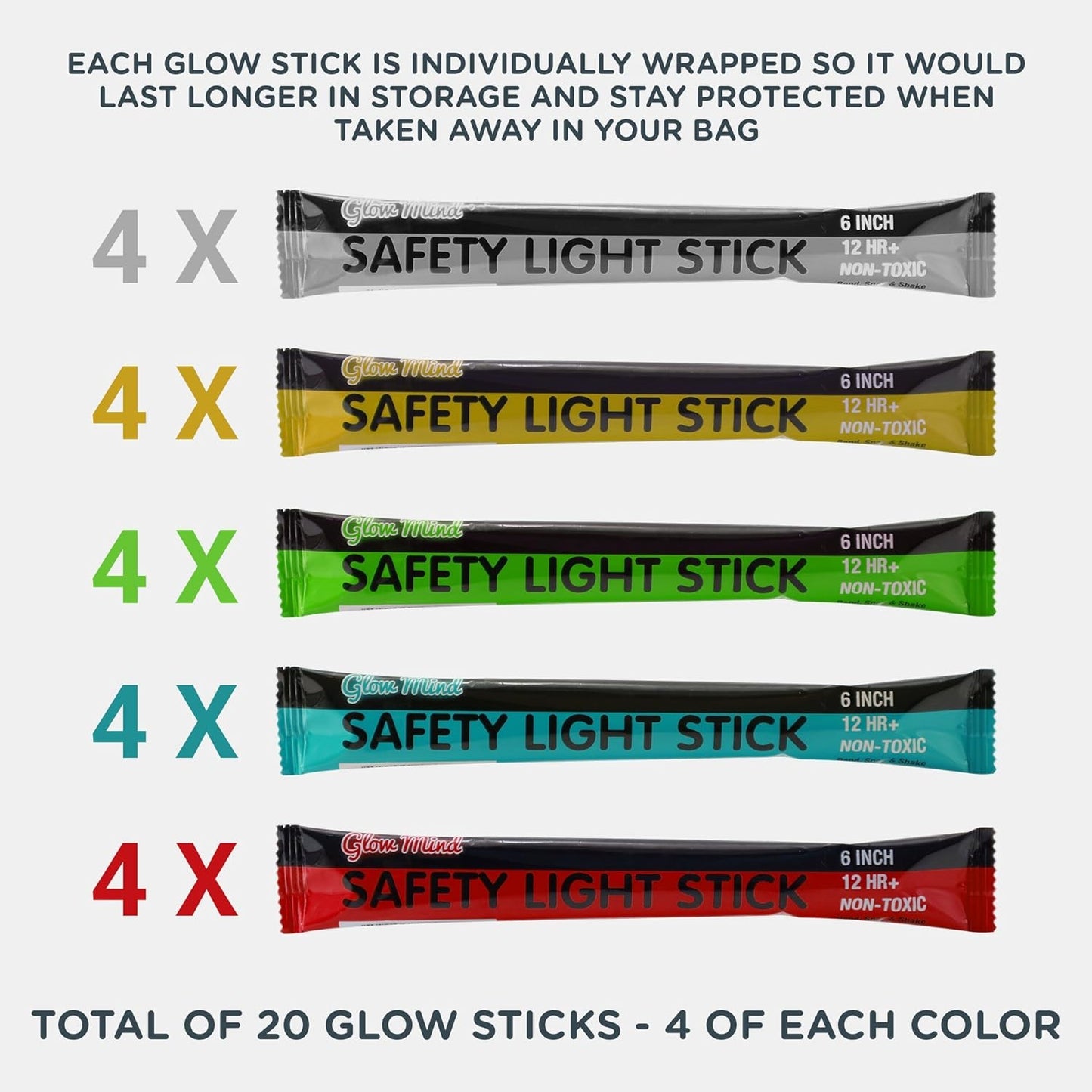 Emergency Glow Sticks with 12 Hours Duration, Individually Wrapped Industrial Grade Glowsticks for Survival Gear, Camping Lights, Power Outages and Military Use