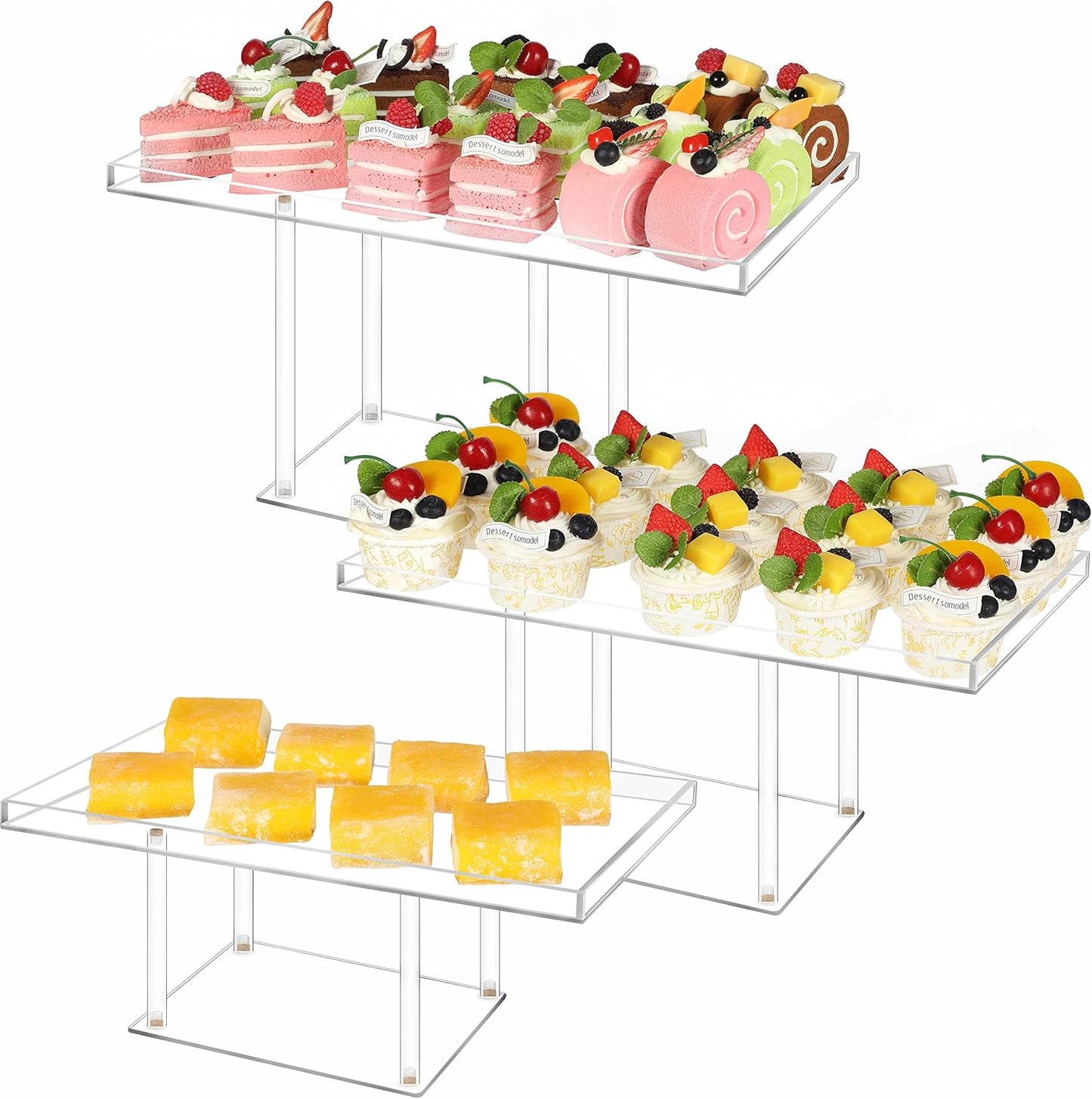 3 Pack Dessert Table Display Set, Clear Acrylic Desert Stands Buffet Risers for Cupcakes Dessert Pastry Food Treat Tier Cookie Dessert Platter Serving Trays Stand for Wedding Birthday Party