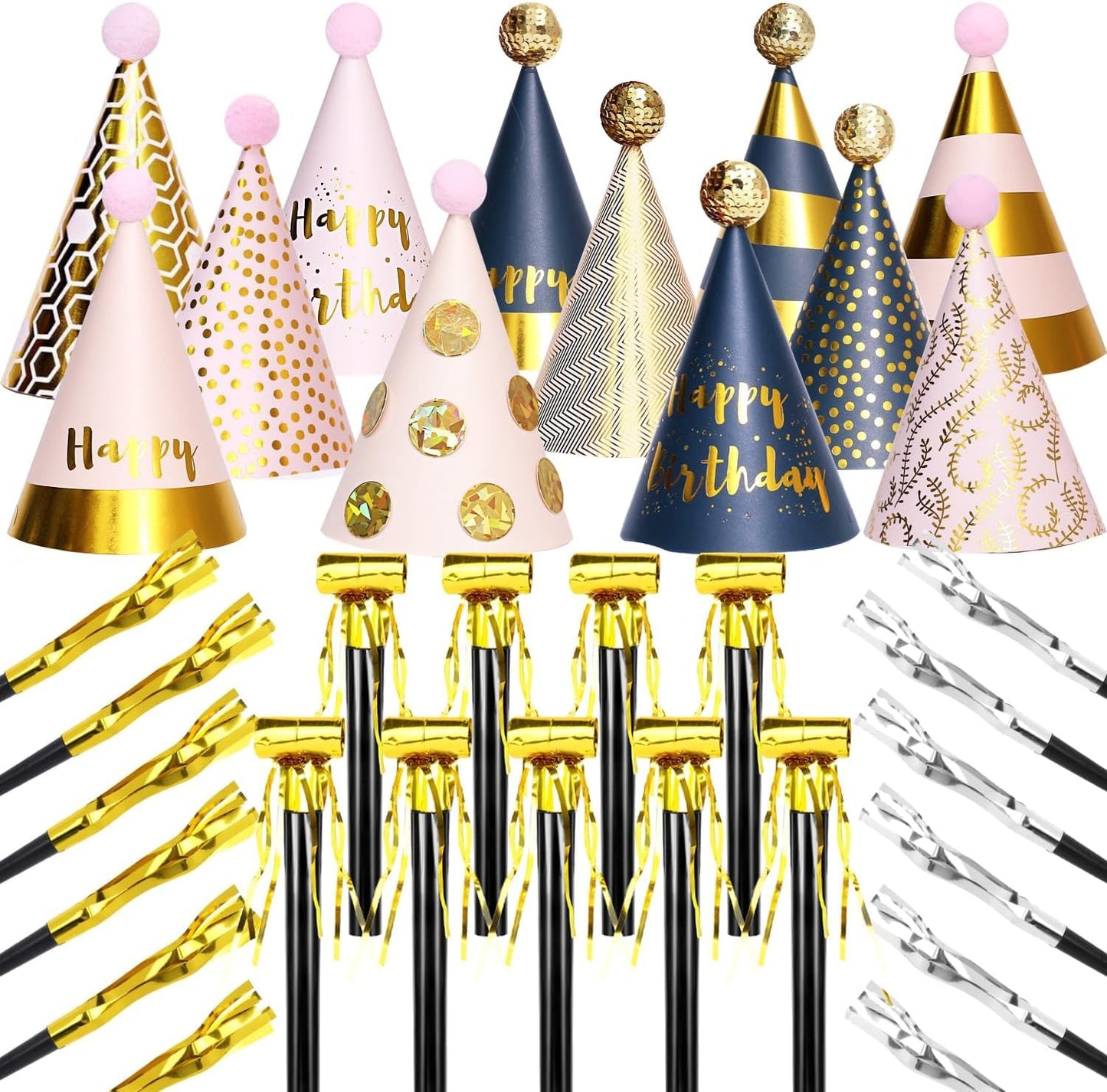34 Pcs Birthday Party Hats - Gold Cone Hats Including 12 Paper Hats and 22 Noise Makers