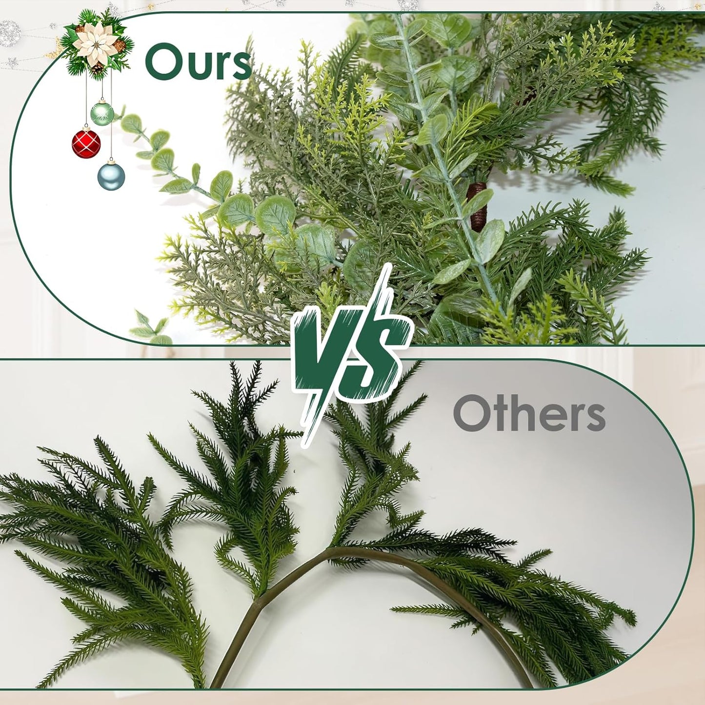 9FT Christmas Garland Norfolk Pine Tree Artificial Cedar Eucalyptus Greenery, Realistic Pine Garland for Mantel Fireplace Stair Rail Doorway Table Centerpiece, Indoor Outdoor Winter Decor