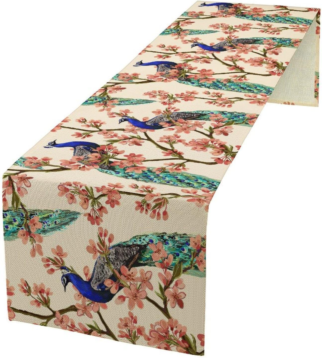 Peacock Table Runner,Spring Floral Peacock Birds Table Runner for Home Kitchen Dining Party Indoor Outdoor Decoration 13x36 Inch