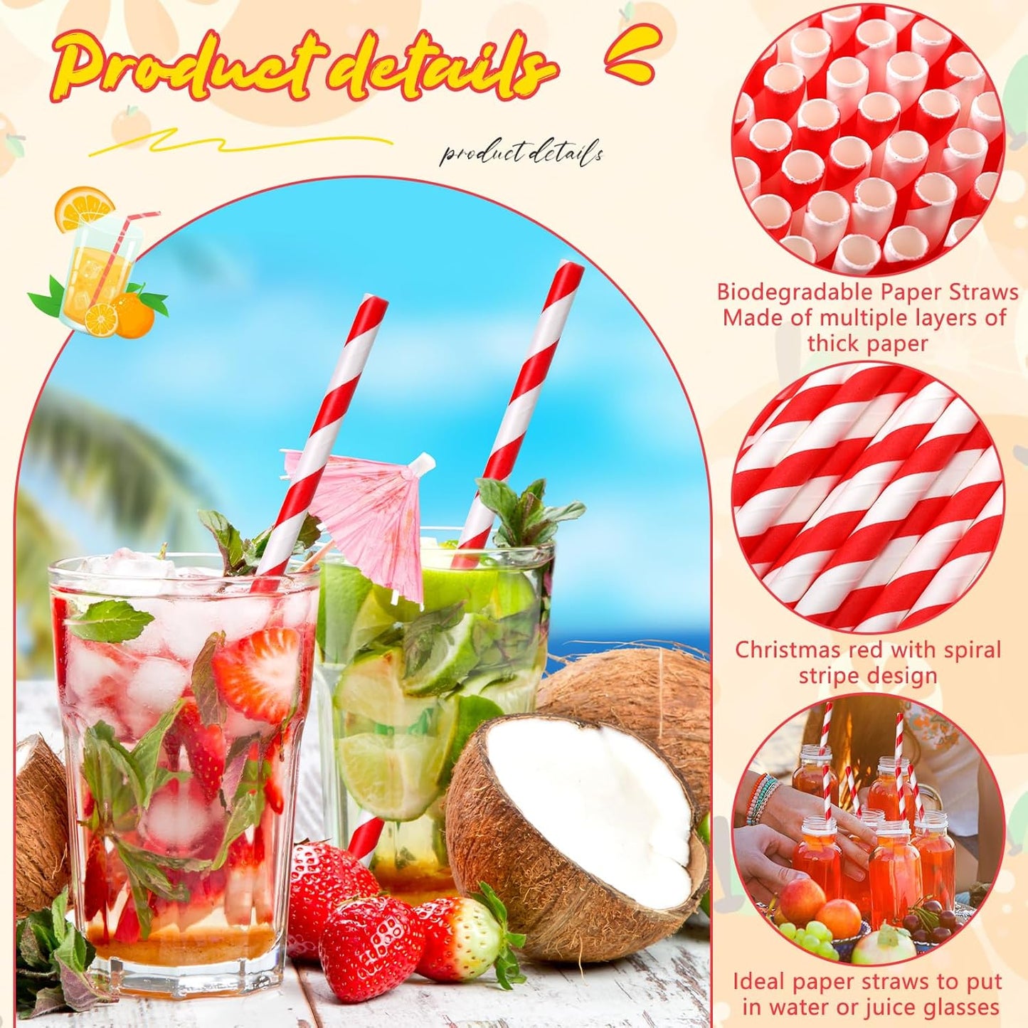 Eaasty 1200 Pcs Colored Paper Straws Bulk Disposable Striped Drinking Paper Straws for Summer Juice, Shakes, Cocktail,7.87 Inches, 0.24'' Diameter (Red)