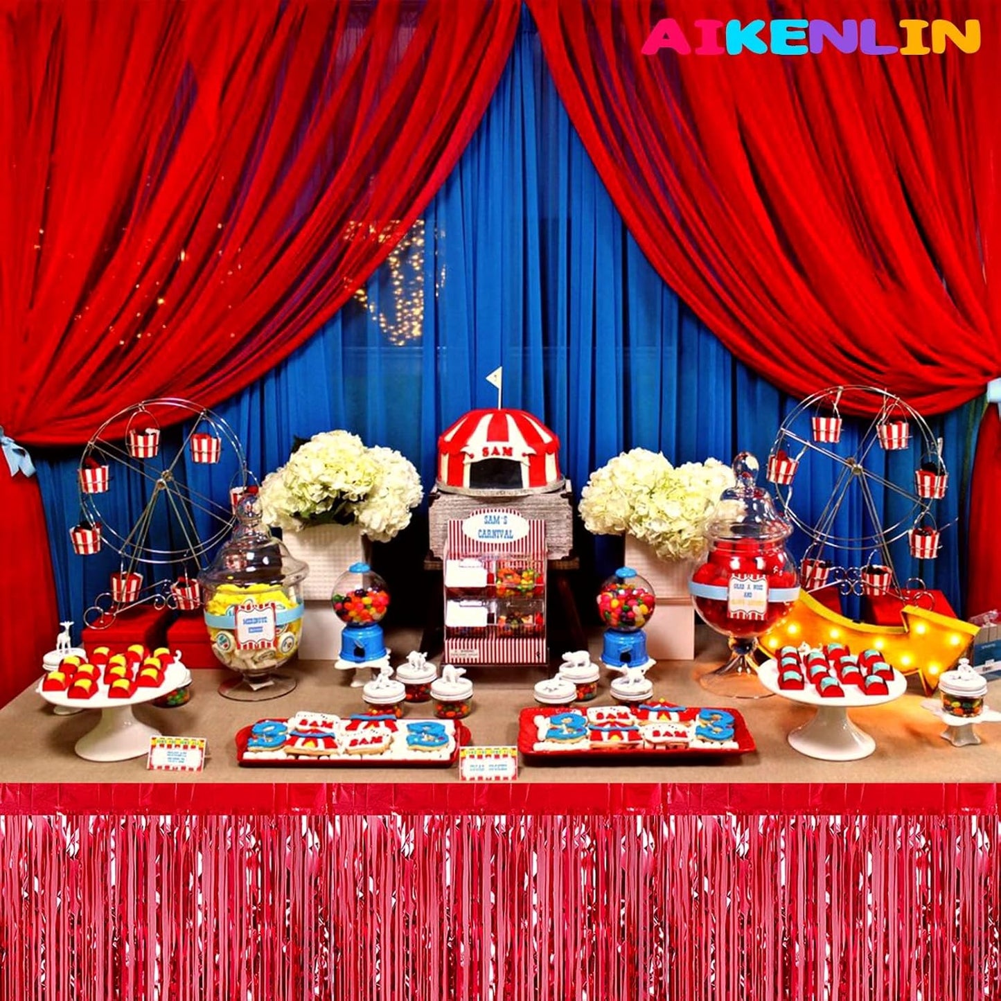 6 Pack 29x108 Inch Metallic Foil Fringe Tinsel Table Skirts Banner for Rectangle Tables Streamer Garland Curtains Backdrop for Wedding, Birthday, Parade Floats, Christmas Party Decoration(Red)