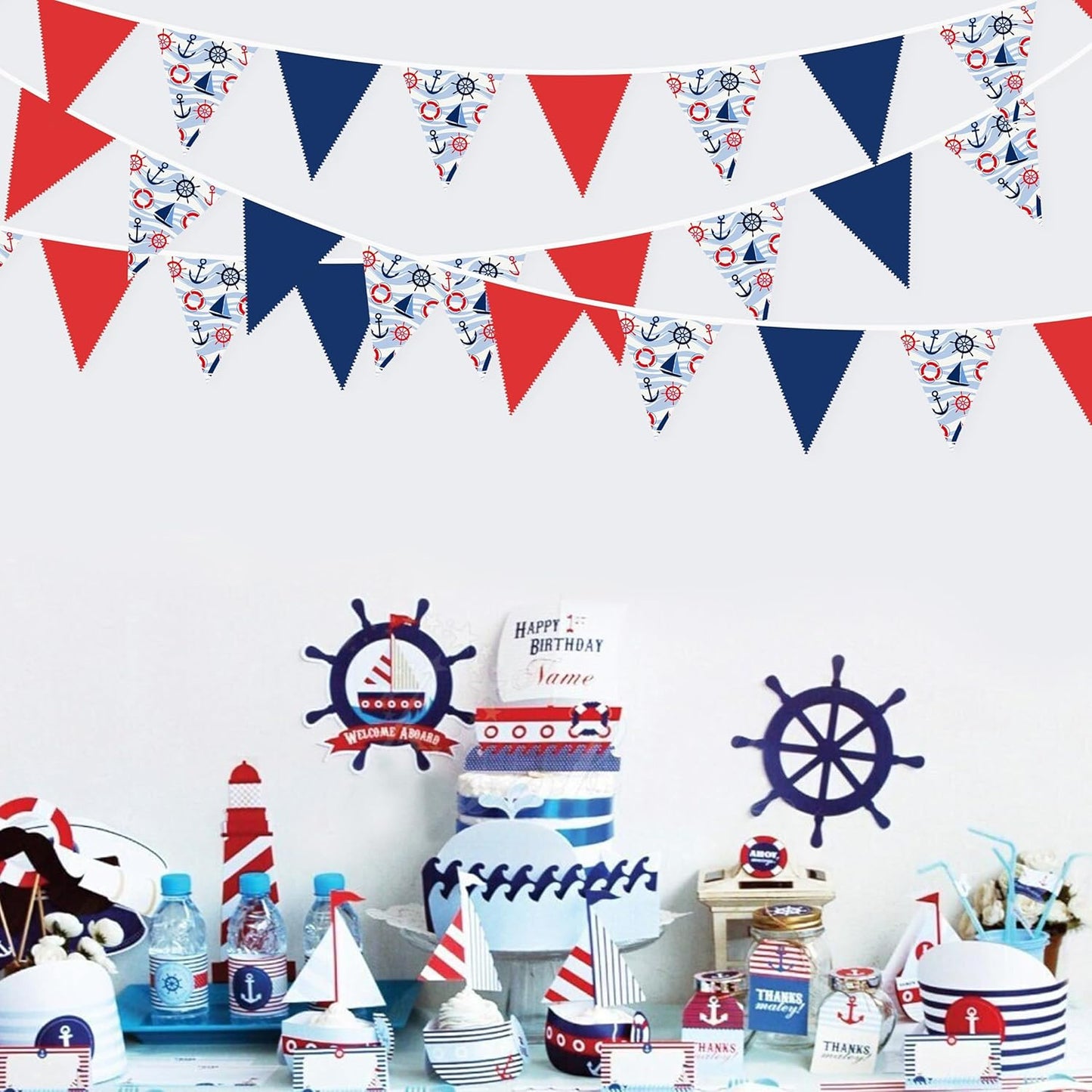 32Ft Nautical Party Decorations Red Blue White Nautical Themed Fabric Banner Triangle Pennant Flag Garland Streamers for Kids Boys Ocean Birthday Ahoy Achor Pirate Baby Shower Outdoor Garden Supplies