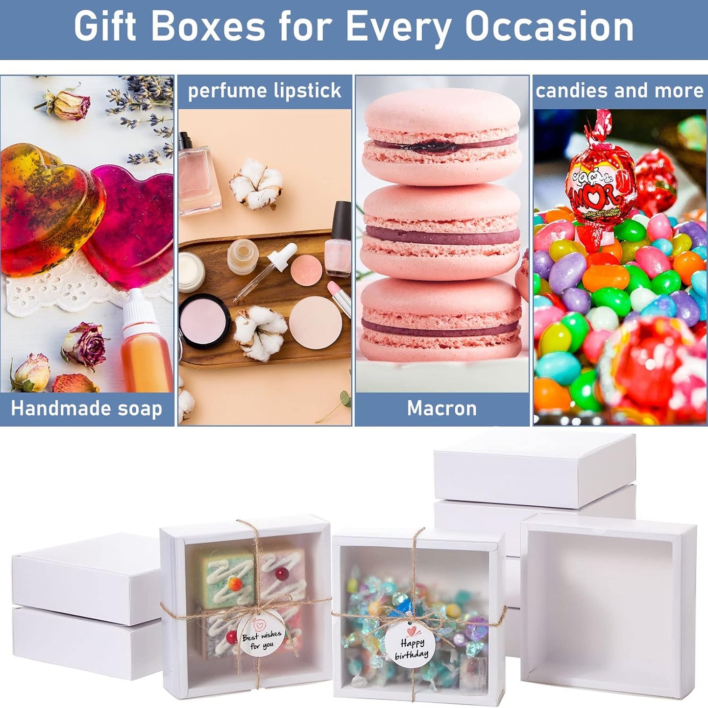 Roowest 50 Sets Kraft Soap Boxes Rectangle Packaging Box with Window Homemade Gift Box with Blank Tags and Jute String for Jewelry Candy Wrapping Party Favor(6.5 x 6.5 x 2 Inch,White)